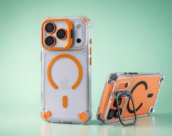 Funda magnética transparente MagSafe para iPhone 17 Series, con soporte integrado y protector de cámara.