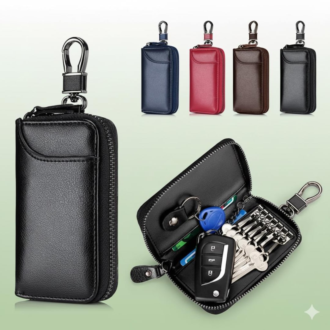 Leather Key Case Wallet | Unisex Zippered Key Organizer Pouch ...