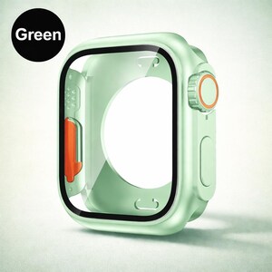 May include: A light green smartwatch case with a clear screen protector. The case has an orange button and accents. The word "Green" is in a black circle in the upper left corner. The case is designed to protect the watch.