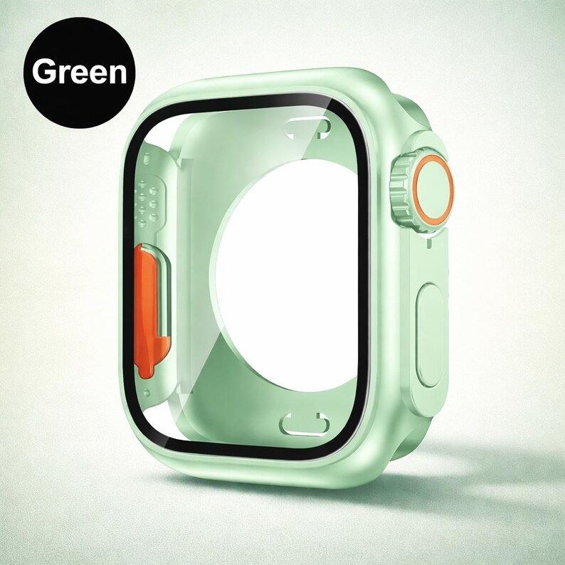 May include: A light green smartwatch case with a clear screen protector. The case has an orange button and accents. The word "Green" is in a black circle in the upper left corner. The case is designed to protect the watch.