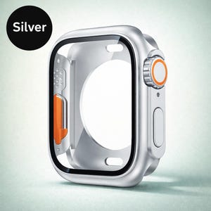 May include: Silver watch case with a clear screen protector. The case is silver with orange accents on the side button and dial. The word "Silver" is in a black circle in the upper left corner.