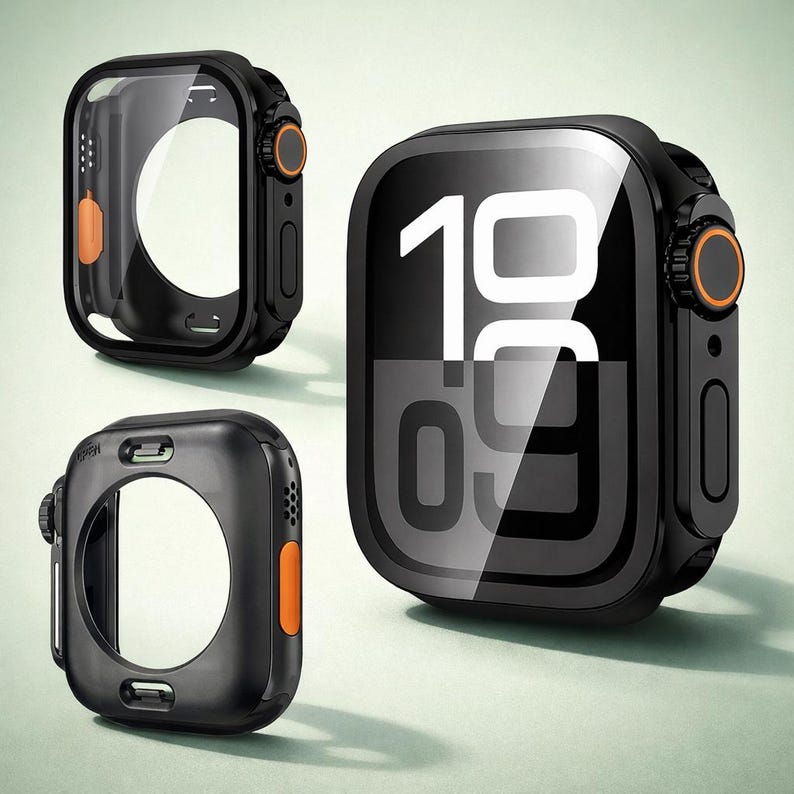 May include: Black smartwatch case with orange accents. The case has a clear screen protector and a black bezel. The watch face displays the time, 10:09, in white numerals. The case is shown from multiple angles.