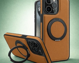 360 roterende metalen ringstandaard iPhone-hoesje | Magnetische leren hoes met MagSafe-houder voor iPhone 17, 16, 15, 14 Pro Max Plus