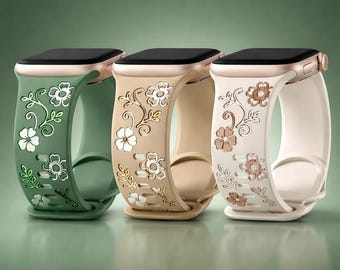 Correa de silicona para Apple Watch con grabado floral, correa suave con flores