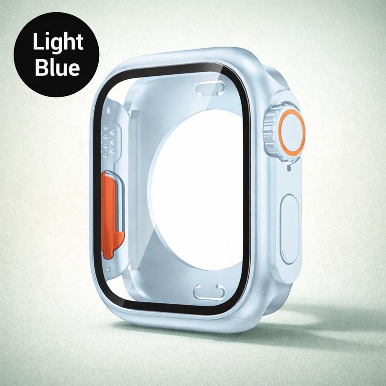 May include: A light blue watch case with a clear screen protector. The case has an orange button and accent. The text "Light Blue" is in a black circle in the upper left corner. The case is designed to protect a smartwatch.