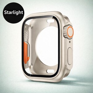 May include: A starlight-colored watch case with a clear screen protector. The case has an orange accent on the side and a rotating dial with an orange circle. The word "Starlight" is in a black circle in the upper left corner.