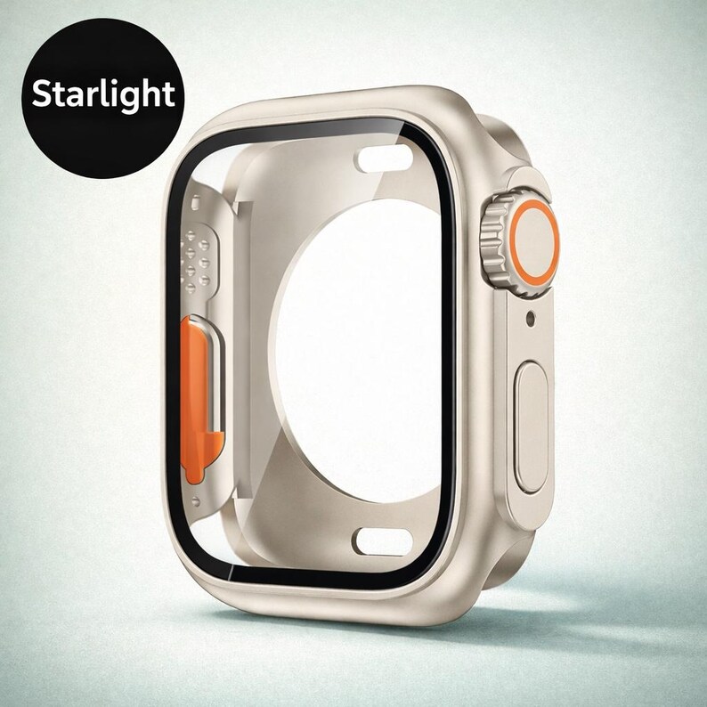 May include: A starlight-colored watch case with a clear screen protector. The case has an orange accent on the side and a rotating dial with an orange circle. The word "Starlight" is in a black circle in the upper left corner.