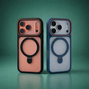 May include: Two phone cases, one black and coral, the other blue and white. Both cases have a circular design on the back and a camera cutout. The cases are designed to protect the phone and add a stylish look.