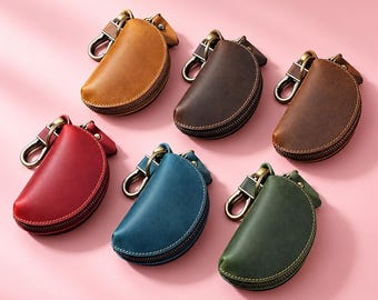 Estuche para llaves de cuero Crazy Horse, estuche para llaves con cremallera y mosquetón, portallaves de cuero genuino para coche, organizador de llaves unisex