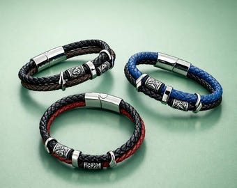 Pulsera de cuero con runas vikingas para hombre: cuentas de brújula de acero inoxidable, brazalete trenzado multicapa con amuleto nórdico, regalo de joyería punk nórdica.