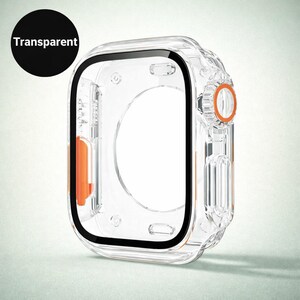 May include: A transparent watch case with black and orange accents. The case has a clear, protective design with a black border around the screen area and orange buttons. The word "Transparent" is in a black circle in the upper left corner.
