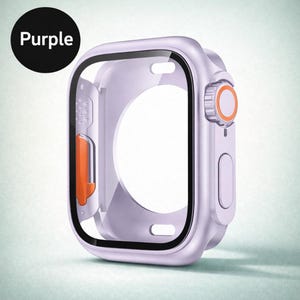 May include: A purple Apple Watch case with a clear screen protector. The case has orange accents on the side button and the clasp. The word "Purple" is in a black circle in the upper left corner.
