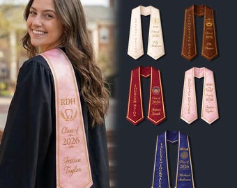 Estola de graduación personalizada (sin bordar), nombre y año de graduación personalizados, banda de satén con la especialidad universitaria, bufanda de graduación, ceremonia de estudiantes.