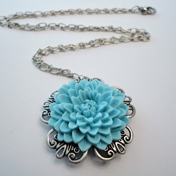 Blue Flower Pendant Necklace - Large Cornflower Pendant with Long Silver Chain