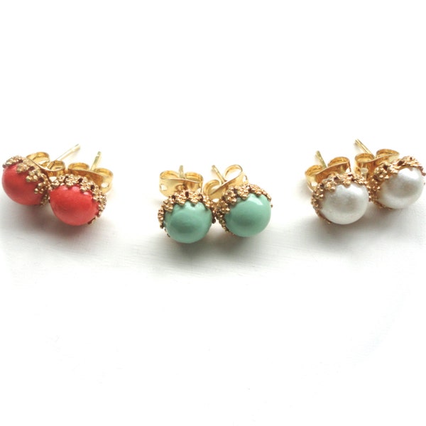 Tiny Stud Earrings - Coral, Mint, & Pearl - Choose Your Color - One Pair of 8mm Post Earrings - Perfect Gift Idea