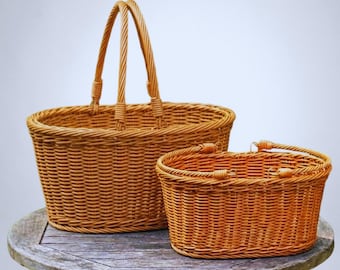 Cesta de picnic de mimbre, ovalada con doble asa, organizador portátil para frutas y alimentos al aire libre.