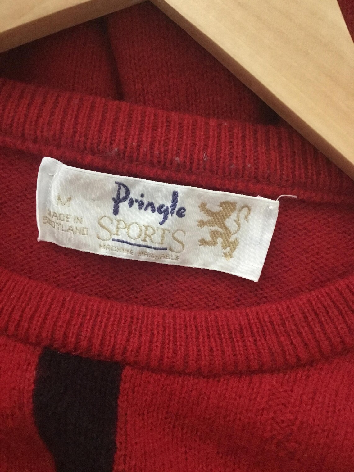 Vintage Pringle Sports Wool Sweater - Made in Scotland - Abstract Geometric Graphic Knit in Cherry Red Black and Teal 24” pit to pit, photo 4 of 5