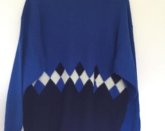 Vintage Jaeger Lambswool Jumper Blue Argyle Knit Made in Scotland Large