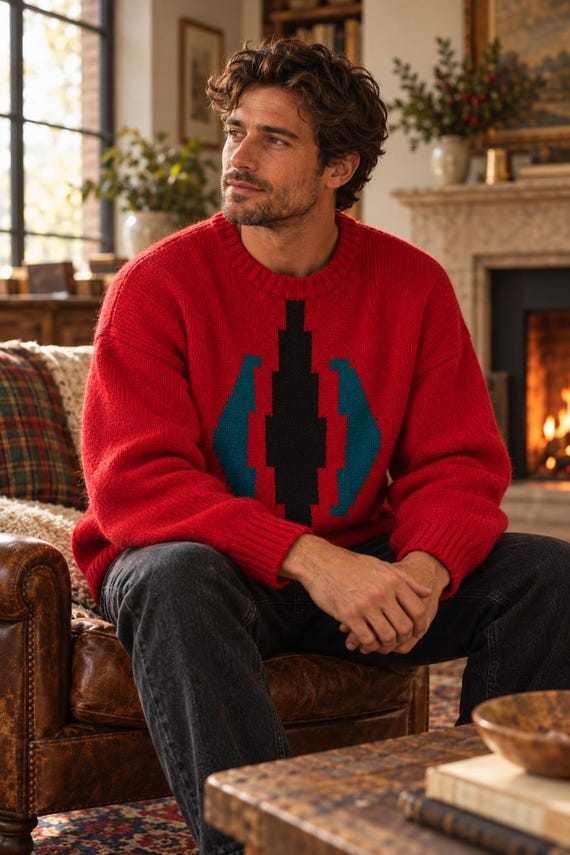 Vintage Pringle Sports Wool Sweater - Made in Scotland - Abstract Geometric Graphic Knit in Cherry Red Black and Teal 24” pit to pit