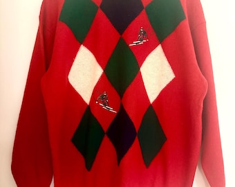Vintage Jaeger Argyle Ski Pullover | Hergestellt in Schottland Lambswool Pullover | Ski bestickt stricken | 1980er 1990er Jahre Vintage Strickmode