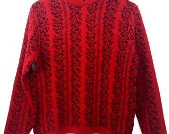 Vintage St Michael UK made Red Patterned Jumper - Classic Heritage Knit - Medium - Wool free