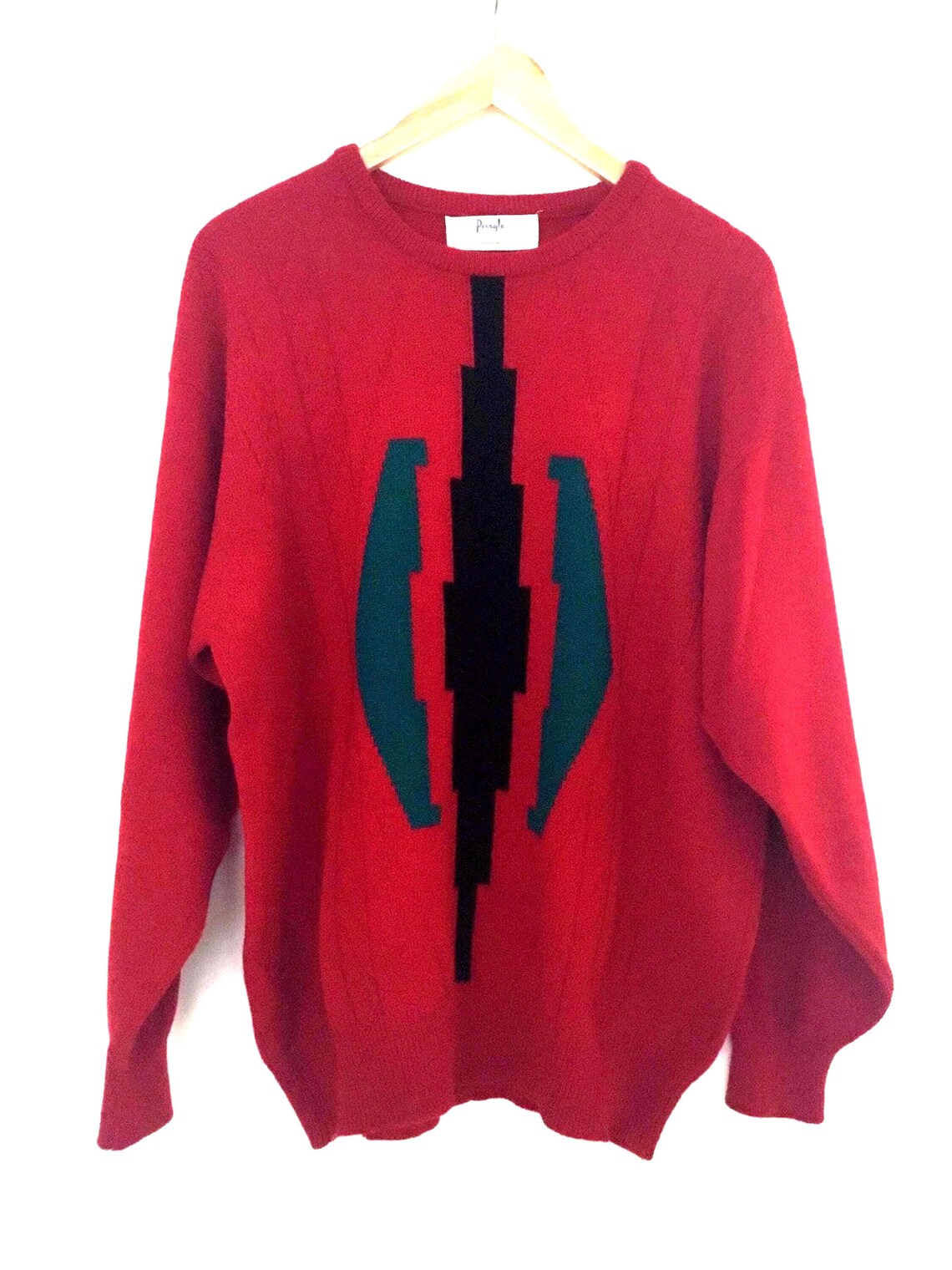 Vintage Pringle Sports Wool Sweater - Made in Scotland - Abstract Geometric Graphic Knit in Cherry Red Black and Teal 24” pit to pit, photo 3 of 5