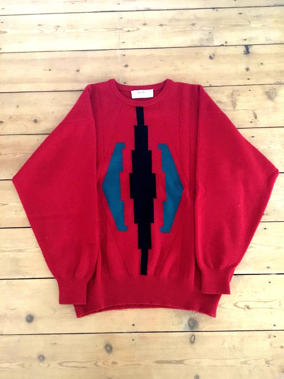 Vintage Pringle Sports Wool Sweater - Made in Scotland - Abstract Geometric Graphic Knit in Cherry Red Black and Teal 24” pit to pit, photo 2 of 5