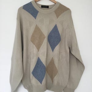 Vintage Jaeger Cotton Jumper - Textured Argyle Knit Cream Blue Beige   Men’s medium/ unisex