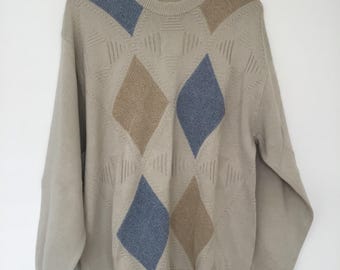 Jersey vintage de algodón Jaeger - Punto texturizado con estampado de rombos en crema, azul y beige. Talla mediana para hombre/unisex.