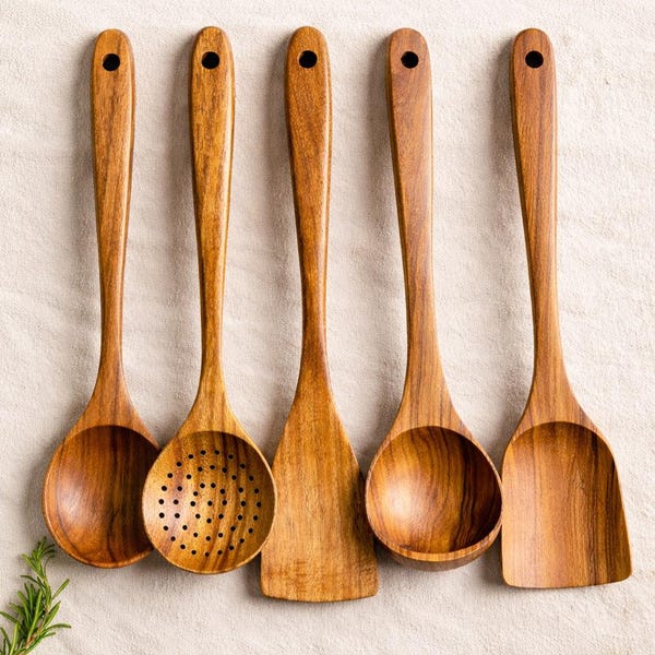 Houten keukengereiset | Houten kookgerei | Rustieke lepelset | Milieuvriendelijke keukenaccessoires | Set houten lepels | Britse verkoper: