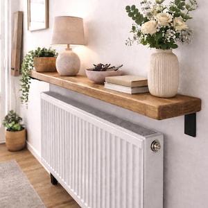 Heizkörperregal mit Klammern 14,5 cm Tief | Massivholz Heizkörperabdeckung Regal | Flur, Wohnzimmer Aufbewahrung | Rustikales Holz Regal