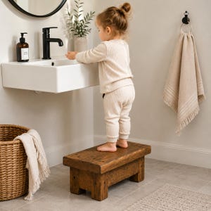 May include: A rectangular wooden step stool with a dark brown stained finish and a visible wood grain texture. The stool features four sturdy block legs and a flat top surface, constructed from solid wood planks with visible joinery details.