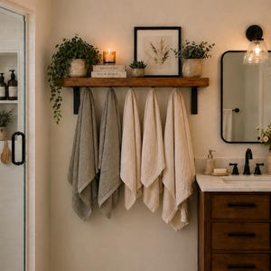 Bathroom Shelf with Hooks 17cm/7" deep | Rustic Wooden Wall Shelf with towel robe hooks | Bathroom Storage | Farmhouse Shelf. Handmade UK