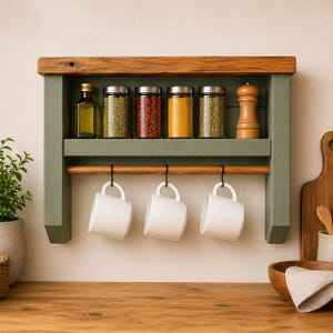 Puede incluir: Un estante de pared de madera con una parte superior de madera natural y un marco verde salvia. El estante contiene cinco frascos de especias de vidrio y un molinillo de pimienta de madera. Una barra de madera sostiene tres tazas blancas.