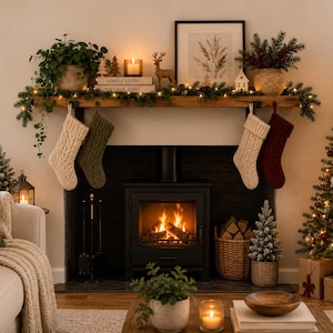 May include: A fireplace mantel decorated with greenery, string lights, and four cable-knit stockings in cream, olive green, and burgundy. A wood-burning stove with a fire is centered below, flanked by a Christmas tree and holiday decor.