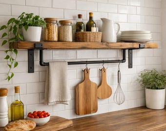 Rustic Industrial Kitchen Shelf with Pipe Rack. 22cm/9 inches deep – Solid Wood Wall Shelf with Towel Bar & Utensil Hooks.