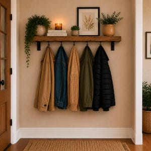 May include: A rustic wooden wall shelf with five black metal hooks holding a tan jacket, a blue denim jacket, a mustard yellow knit sweater, an olive green jacket, and a black quilted jacket. The shelf displays two potted plants, a candle, and a framed print.