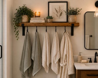 Estantería de baño con ganchos, 22 cm de profundidad / Estantería de pared rústica de madera con ganchos para toallas y albornoces / Almacenamiento para baño / Estantería estilo granja. Hecha a mano en el Reino Unido.