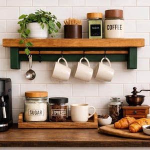 Puede incluir: Una escena de cocina con una máquina de espresso negra, un molinillo de café y frascos etiquetados "AZÚCAR", "ESPRESSO" y "CAFÉ". Una estantería de madera sostiene tazas y una planta. Cruasanes y granos de café en una tabla de madera.