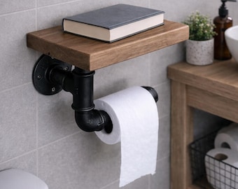 Portarrollos de papel higiénico industrial con estante / Estante rústico de madera para baño / Soporte para papel higiénico de tubería negra / Estante de almacenamiento para teléfono en el baño estilo granja