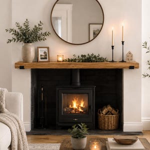 May include: A rustic wooden fireplace mantel shelf mounted with black metal brackets above a black wood-burning stove. The mantel is decorated with a ceramic vase of eucalyptus, a small picture frame, a candle, and two tall taper candles.