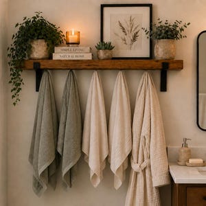 Mensola da bagno con ganci, profondità 22 cm / Mensola da parete rustica in legno con ganci per asciugamani e accappatoi / Mobile contenitore per il bagno / Mensola in stile rustico. Realizzata a mano nel Regno Unito.