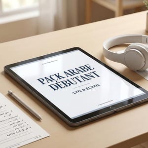 Puede incluir: Una tableta que muestra "PACK ARABE DÉBUTANT LIRE & ÉCRIRE" está sobre una mesa de madera, junto a un lápiz óptico, auriculares blancos y hojas de trabajo impresas. También hay una pequeña maceta y una taza.