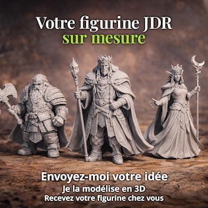 Peut inclure: Trois figurines fantastiques grises représentant un nain avec une hache, un roi avec un sceptre et une reine elfe avec un sceptre en croissant de lune. Texte : Votre figurine JDR sur mesure, ALTER HERO, Envoyez-moi votre idée, Je la modélise en 3D, Recevez votre figurine chez vous.