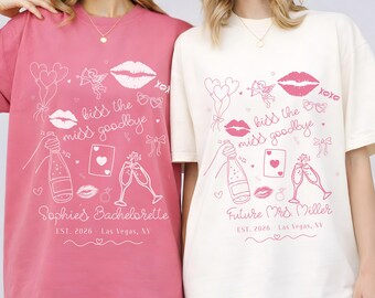 Kiss the Miss Goodbye Bachelorette Comfort Colors Shirt, Personalized Bachelorette Party Tshirt, Custom Name Bride Bridesmaid Matching Tops