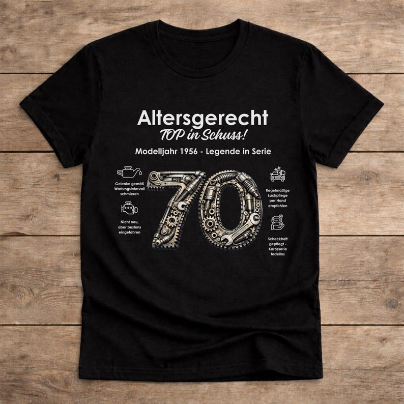 T-Shirt 70. Geburtstag Mann Freund Opa Mechaniker Ihn Idee lustiges Geburtstagsgeschenk Jahrgang 1956 Oldtimer Runder Geburtstag BLACK