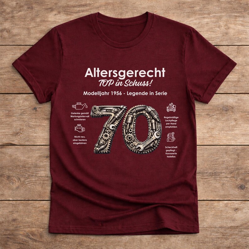 T-Shirt 70. Geburtstag Mann Freund Opa Mechaniker Ihn Idee lustiges Geburtstagsgeschenk Jahrgang 1956 Oldtimer Runder Geburtstag MAROON