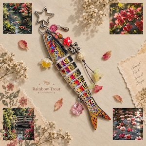 May include: A segmented rainbow trout keychain featuring a star-shaped metal clasp, colorful beads, and small floral charms. The fish body displays a vibrant speckled pattern in shades of orange, yellow, and blue. Text reads Rainbow Trout.