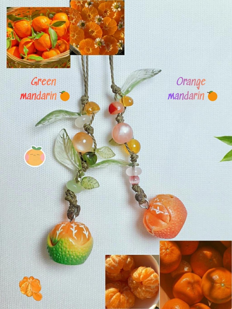 May include: Two mandarin orange-themed charms with beaded accents and glass leaves. One charm is green and orange, the other is orange. The image includes photos of mandarin oranges and the text "Green mandarin" and "Orange mandarin".