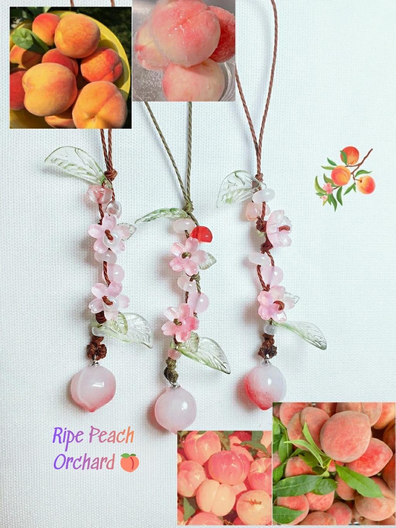 May include: Three peach-themed pendants with pink flower and leaf accents. Each pendant has a peach-colored stone at the bottom. The image includes photos of fresh peaches and the text "Ripe Peach Orchard".